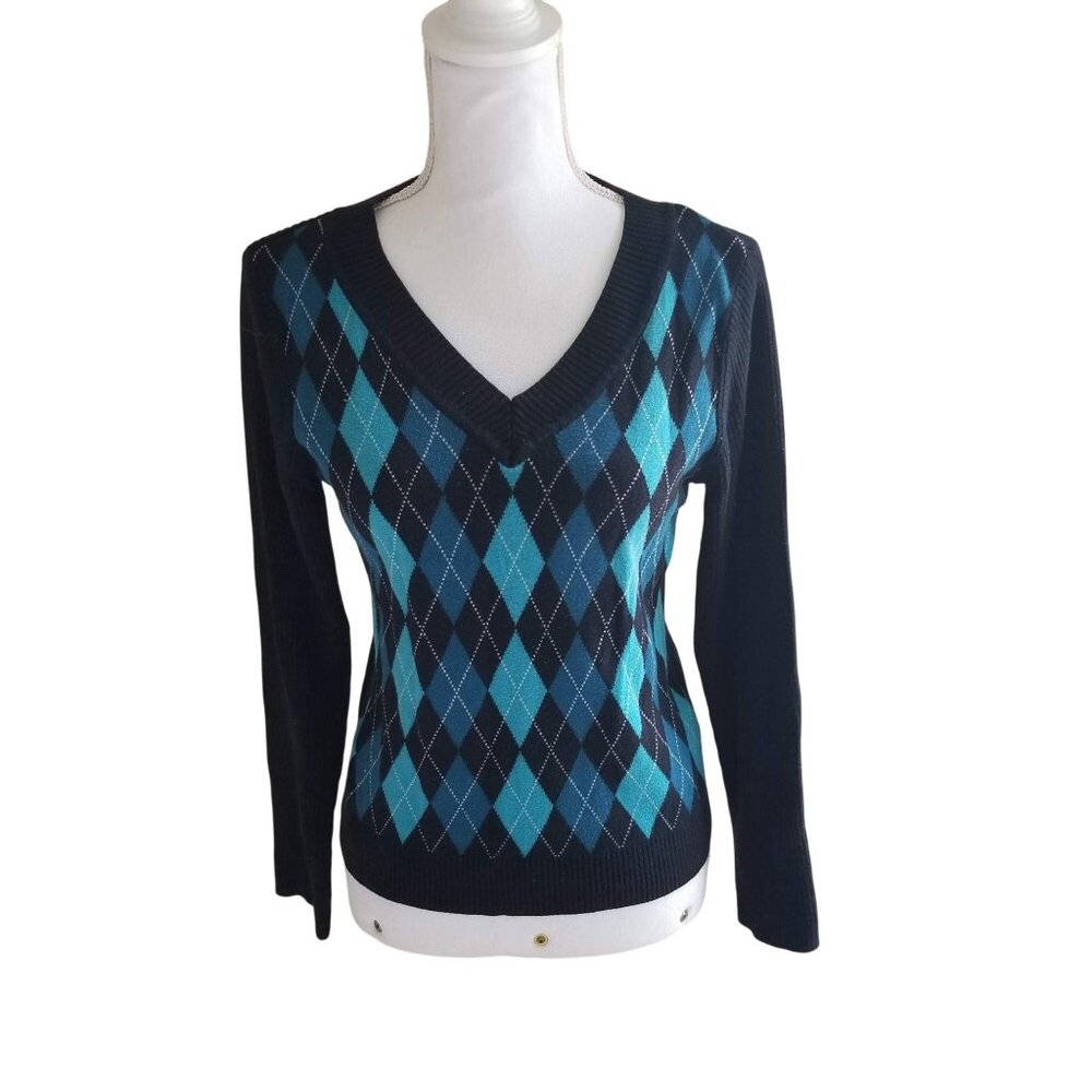 Worthington Womens Black & Blue Argyle V-Neck Sweater Size M 55% Acrylic 45% Cot